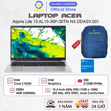 Laptop Acer Aspire Lite 15 AL15-36P-30TN NX.DDASV.001, Core 3 N350, 8GB RAM, 512GB SSD, 15.6 FHD 60Hz, Win11