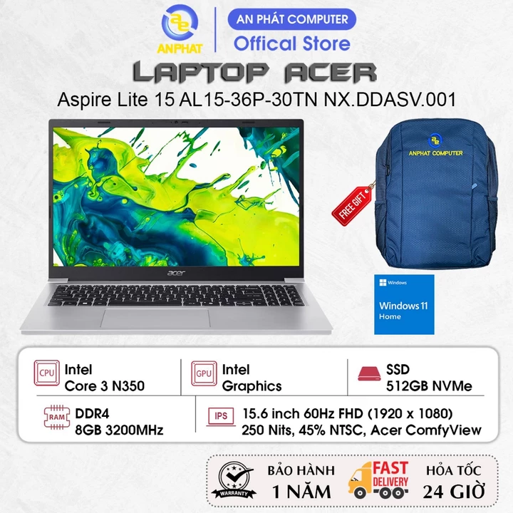 Laptop Acer Aspire Lite 15 AL15-36P-30TN NX.DDASV.001, Core 3 N350, 8GB RAM, 512GB SSD, 15.6 FHD 60Hz, Win11