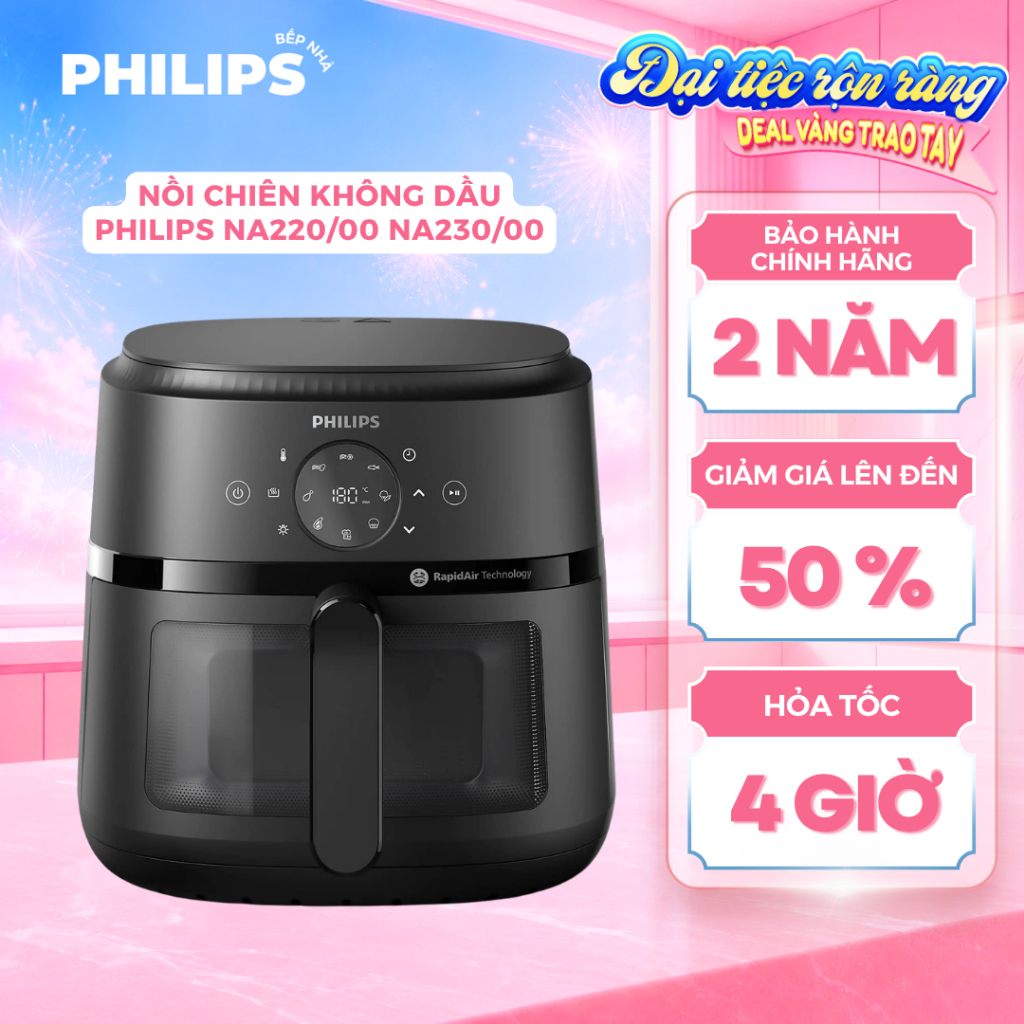 Nồi Chiên Không Dầu PHILIPS NA220/00 NA230/00 (4.2L - 6.2L) Cửa Sổ Kính - Hàng Chính Hãng