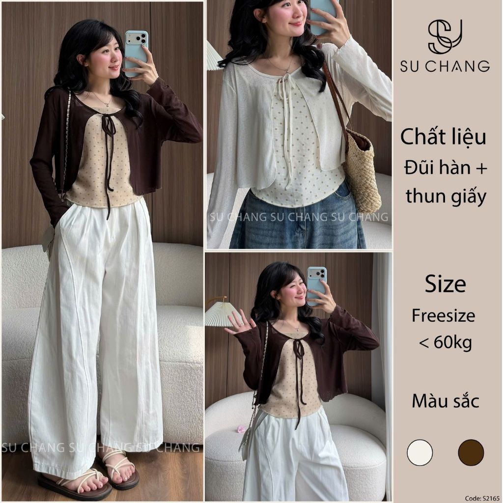 Set Áo 2 Dây Hoa Nhí Chấm Bi Kèm Cardigan Buộc Nơ S2165 Su Chang Thời Trang Nữ