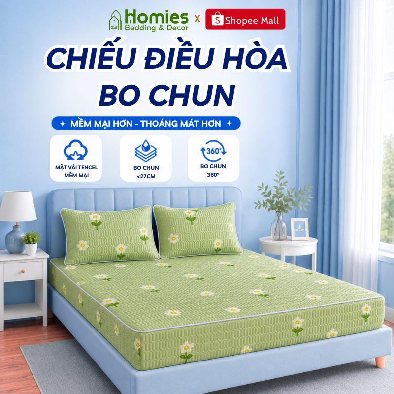 [Tặng Vỏ Gối] Chiếu BO CHUN điều hòa Vải Tencel HOMIES Bedding & Décor, Chiếu điều hòa Latex Vải Lụa Tencel Mát Lạnh