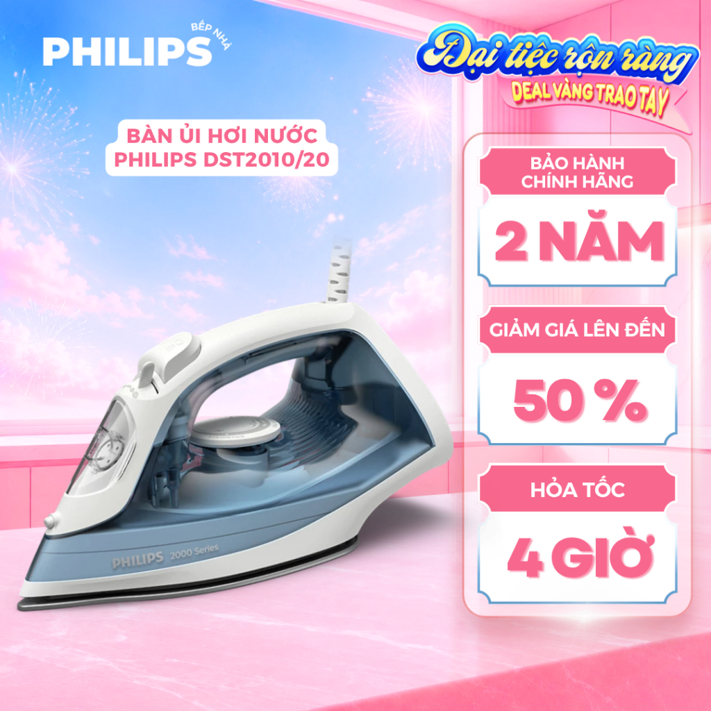 Bàn Ủi Hơi Nước PHILIPS DST2010/20 (2000W) Mặt đế chống dính, Nút trượt xả cặn, Ngăn rỉ giọt nước