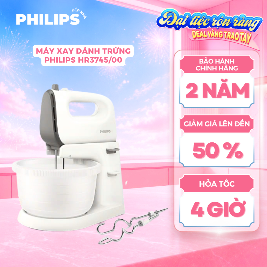 Máy Xay Đánh Trứng PHILIPS HR3745/00 (450W) Nhồi bột, Dễ dàng tháo lắp, Cối trộn 3L đi kèm