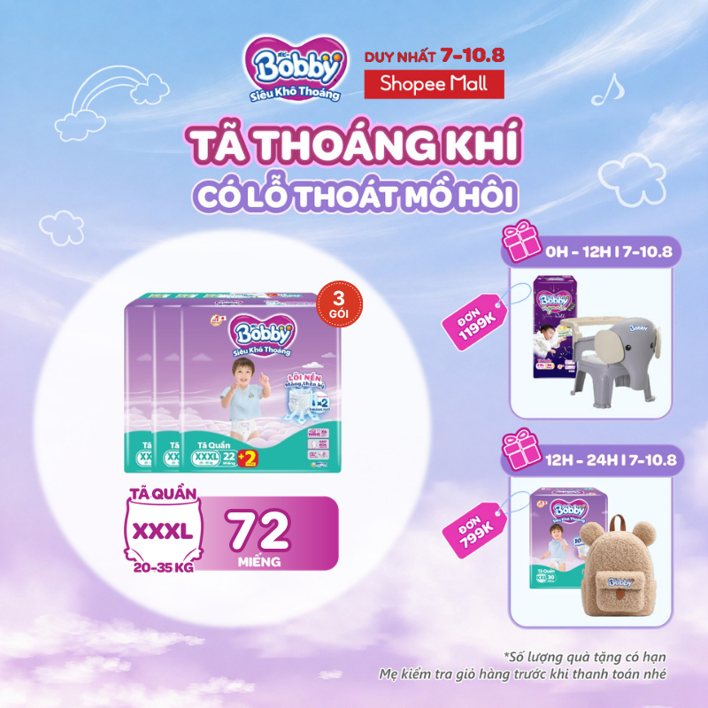 Combo 03 gói tã quần Bobby Siêu Khô Thoáng - 100% Thoáng Khí Jumbo S46/M42/L36/XL32/XXL28/XXXL22