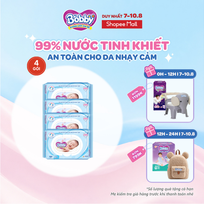 Bộ 4 gói Khăn ướt Bobby không mùi 100 tờ/gói (Xanh)