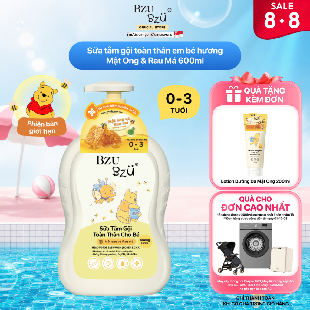 Sữa Tắm Gội Toàn Thân Em Bé Hương Mật Ong Và Rau Má BZU BZU Head to Toe Wash Dịu Nhẹ 600ml