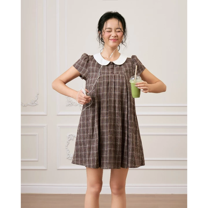 Đầm babydoll caro cổ sen THE C.I.U, đầm cotton sọc kẻ tay phồng xếp ly - Nancy Dress