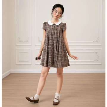 Đầm babydoll caro cổ sen THE C.I.U, đầm cotton sọc kẻ tay phồng xếp ly - Nancy Dress