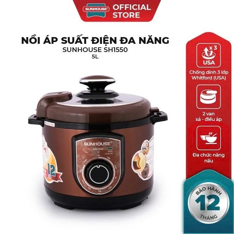 Nồi Áp Suất Điện Đa Năng 5L Sunhouse SH1550 - Nấu Cơm, Canh, Hầm, Xả Áp Tự Động, Bảo Hành 12 Tháng