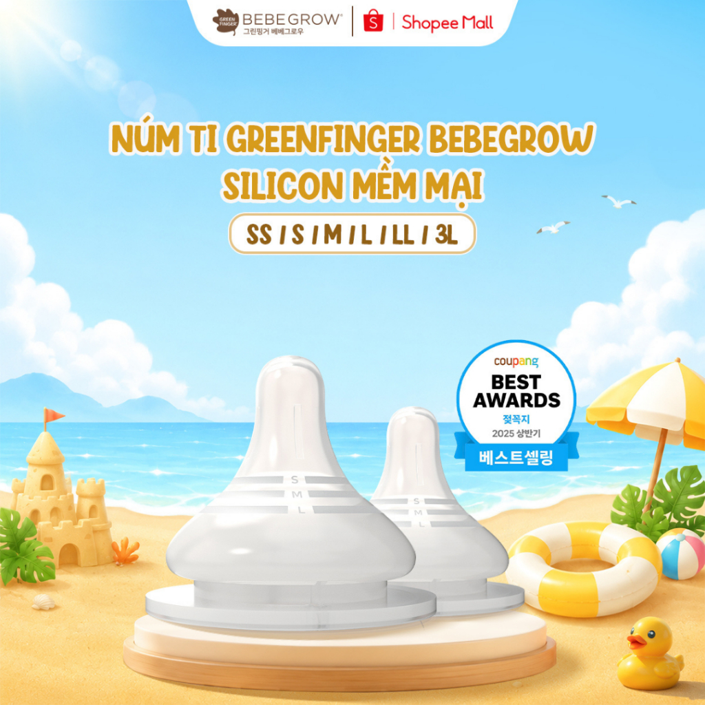 Núm ti Greenfinger Bebegrow Hàn Quốc mềm mại 2 van thoát khí bé bú bình sữa thoải mái SS/S/M/L/LL/3L