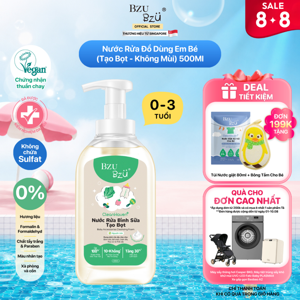 [Phiên bản mới] Nước Rửa Bình Sữa, Rau Củ Quả Và Đồ Dùng Em Bé Thuần Chay BZU BZU CleanHaven Tạo Bọt 500ml, Không Mùi