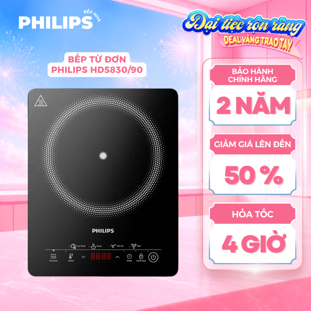 Bếp Từ Đơn PHILIPS HD5830/90 (2000W) Dễ Vệ Sinh, Tự Tắt Điện Khi Không Có Nồi, Khóa An Toàn