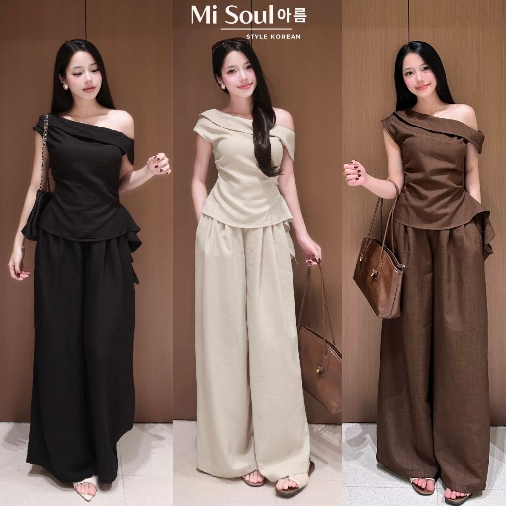 Set Áo Lệch Vai Gấu Bèo Kèm Quần Ống Suông, Bộ Linen Thắt Eo Khóa Sườn Quần Ống Rộng MiSoul 591