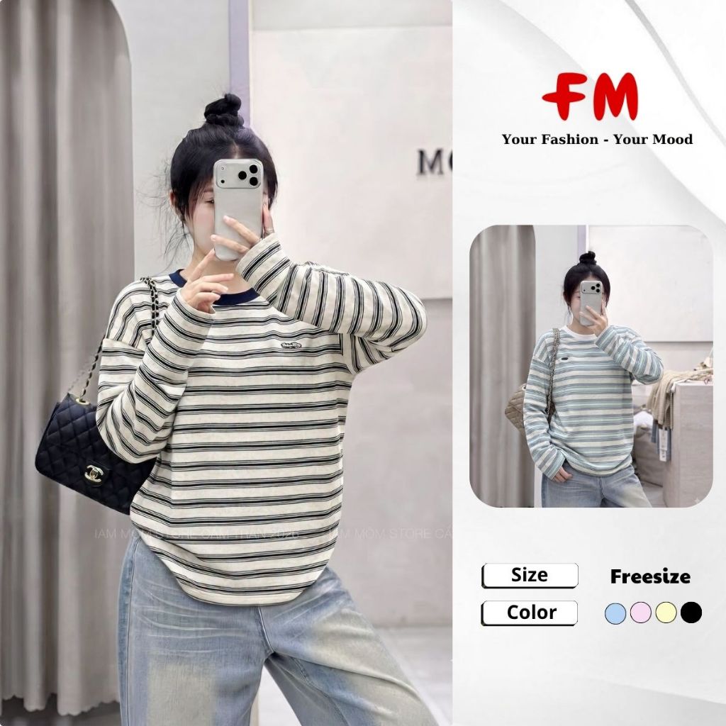 Áo Thun Nữ Oversize Tay Dài Sọc Logo FMSTYLE Form Rộng Basic Unisex Phong Cách Hàn Quốc 26070894
