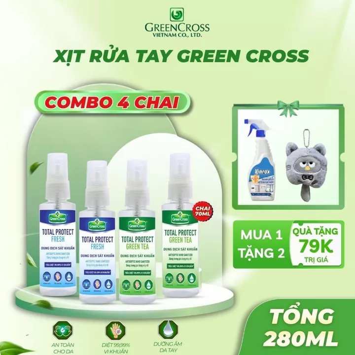 Combo 4 Chai Nước Rửa Tay Khô Green Cross 70ml Dạng Xịt – Diệt Khuẩn 99,9%, Khử Khuẩn Nhanh – 2