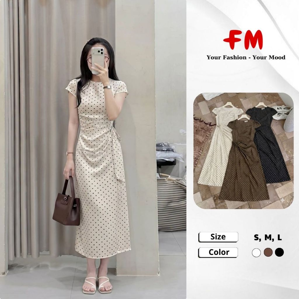 Váy Đầm Nữ Chữ A FMSTYLE Tay Ngắn Chấm Bi Xếp Ly Thắt Nơ Eo Dáng Midi Thanh Lịch 26070710