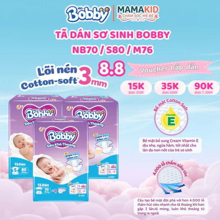 Tã dán sơ sinh Bobby NB70 (XS70) / S80 / M76 - Lõi nén cotton-soft 3mm siêu thoáng khí (Mamakid Shop)