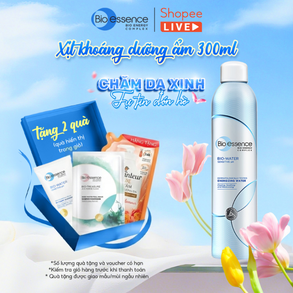 Nước Xịt khoáng cấp ẩm tức thì, làm dịu và bảo vệ da với khoáng vi lượng Bio essence Bio-Water 300ml - Live streaming
