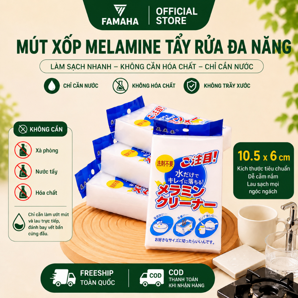 Mút xốp Melamine FAMAHA tẩy rửa làm sạch vết bẩn cứng đầu trên nhiều bề mặt, không dùng hóa chất
