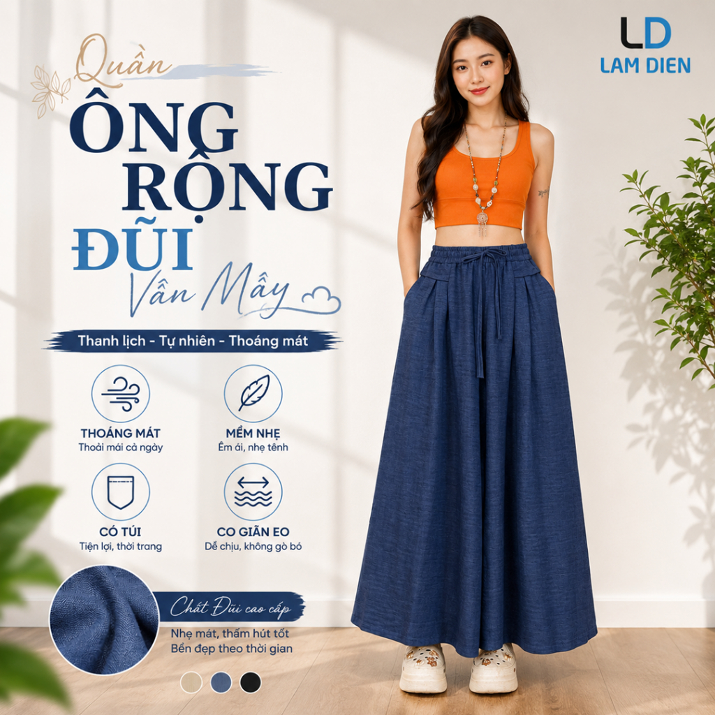 Quần Ống Rộng Nữ, Quần Ống Suông Quần Váy Nữ Chất Đũi Vân Mây Thoáng Mát, Mặc Hè Trẻ Trung LQ031