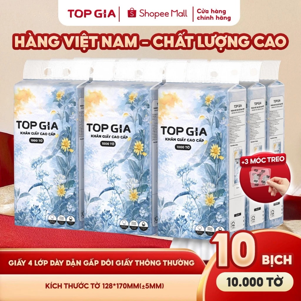 Khăn giấy cao cấp Mộc an Topgia hàng Việt Nam 4 lớp, 1000 tờ  tặng 3 móc treo tiện lợi