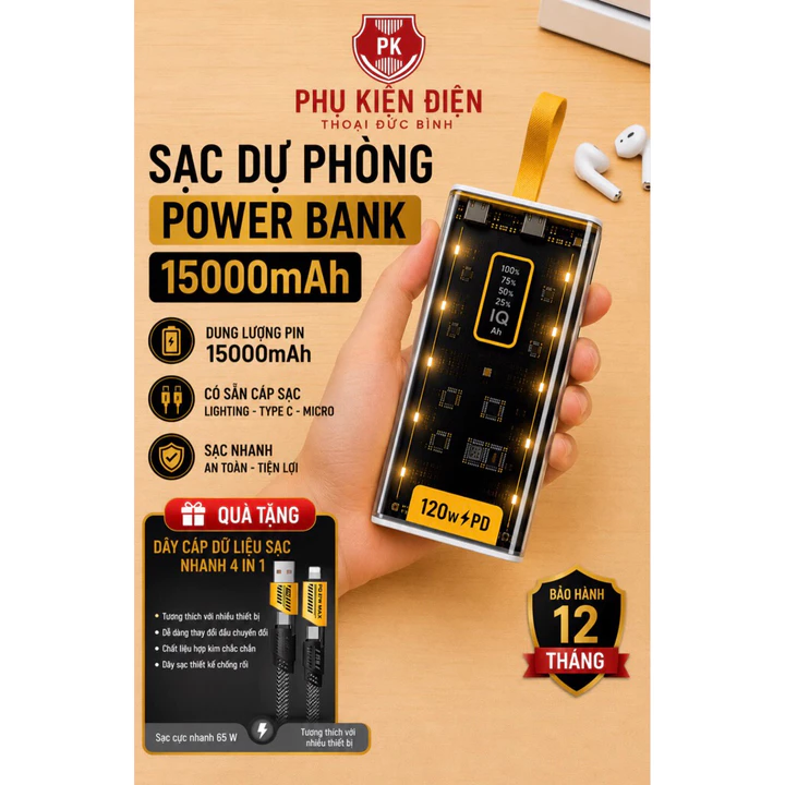 Sạc dự phòng 120W, sạc dự phòng POWER BANK có 4 đầu sạc và tặng kèm 1 cáp sạc 4 đầu