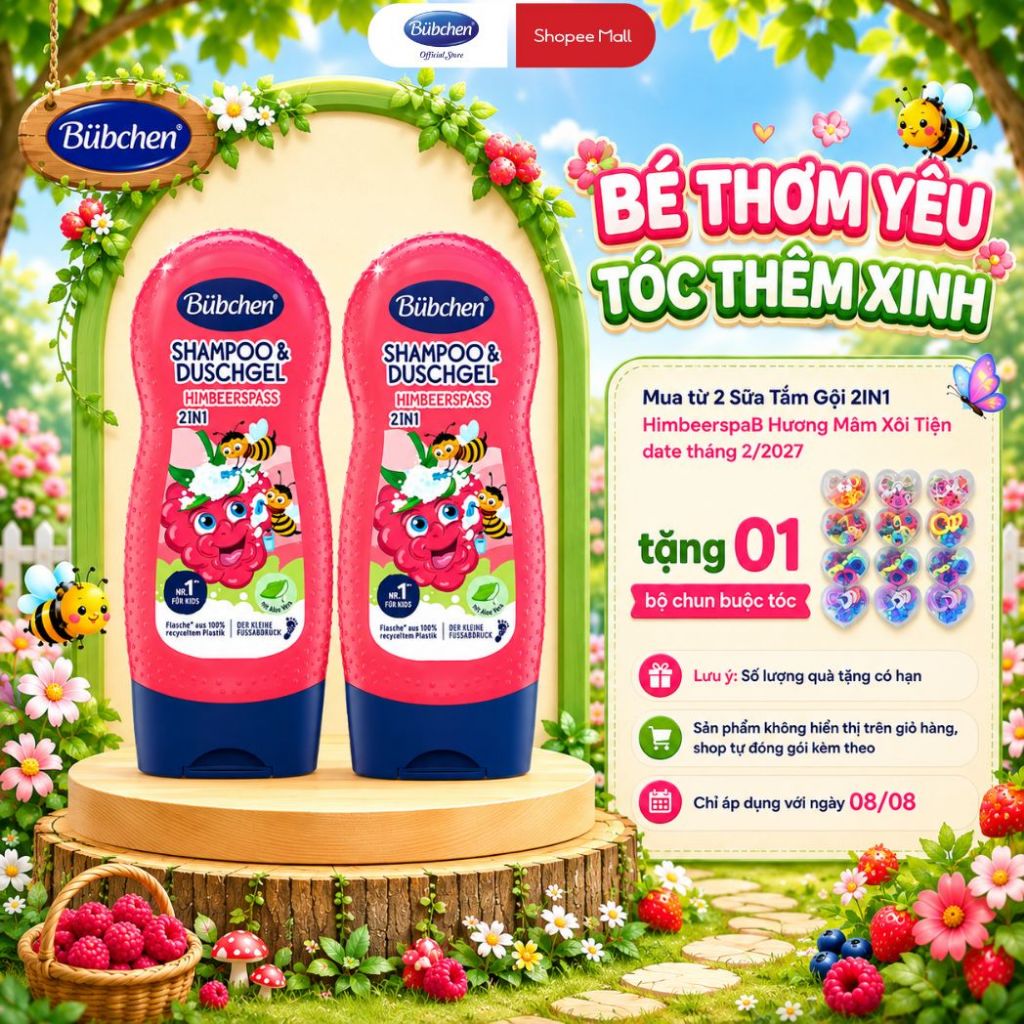 Sữa Tắm Gội Cho Bé Gái 2In1 Bubchen HimbeerspaB 230ml Hương Mâm Xôi Chiết Xuất Lô Hội