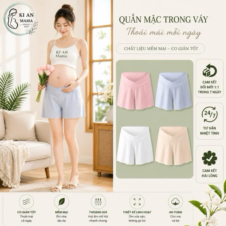 Quần bầu Ki An Ms 02 cạp chéo mặc trong váy bà bầu có chun chỉnh Quần Bầu Mặc Trong Váy Chất Cotton tăm