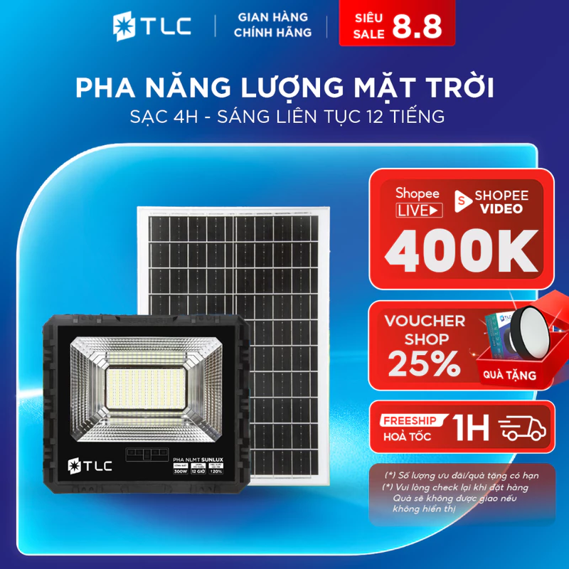 Đèn Pha Năng Lượng Mặt Trời SUNLUX TLC Công Suất 100W 200W 300W Tấm Pin Mono Sạc Nhanh Sáng 12h Chống Nước IP65_PSL — ảnh 1
