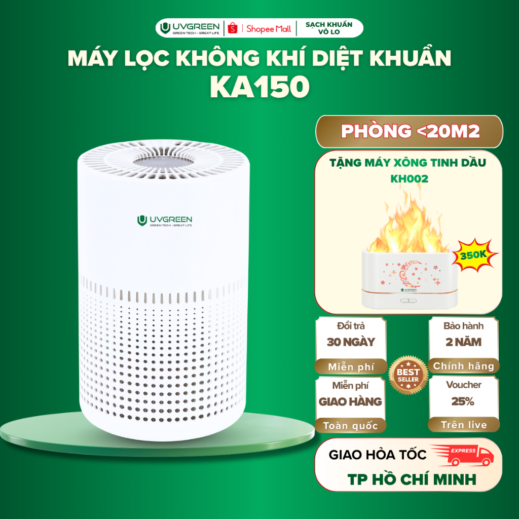 Máy Lọc Không Khí UVGREEN KA150 – HEPA H13, UVC LED Diệt Khuẩn, Xông Tinh Dầu