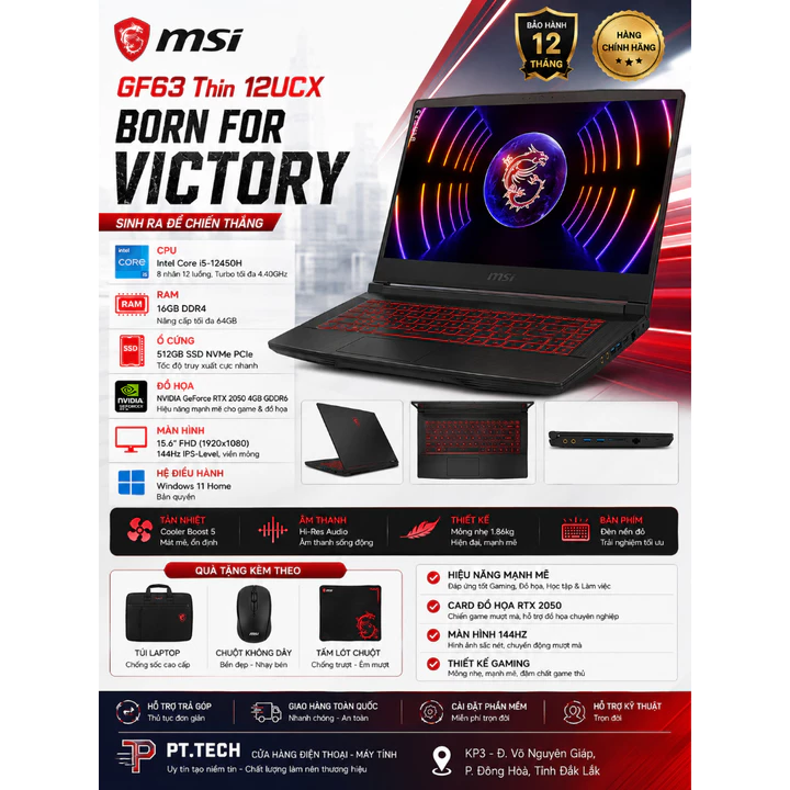 Laptop MSI Gaming GF63 Thin 12UCX i5 12450H/16GB/512GB/4GB RTX2050/144Hz/Win11 (873VN)