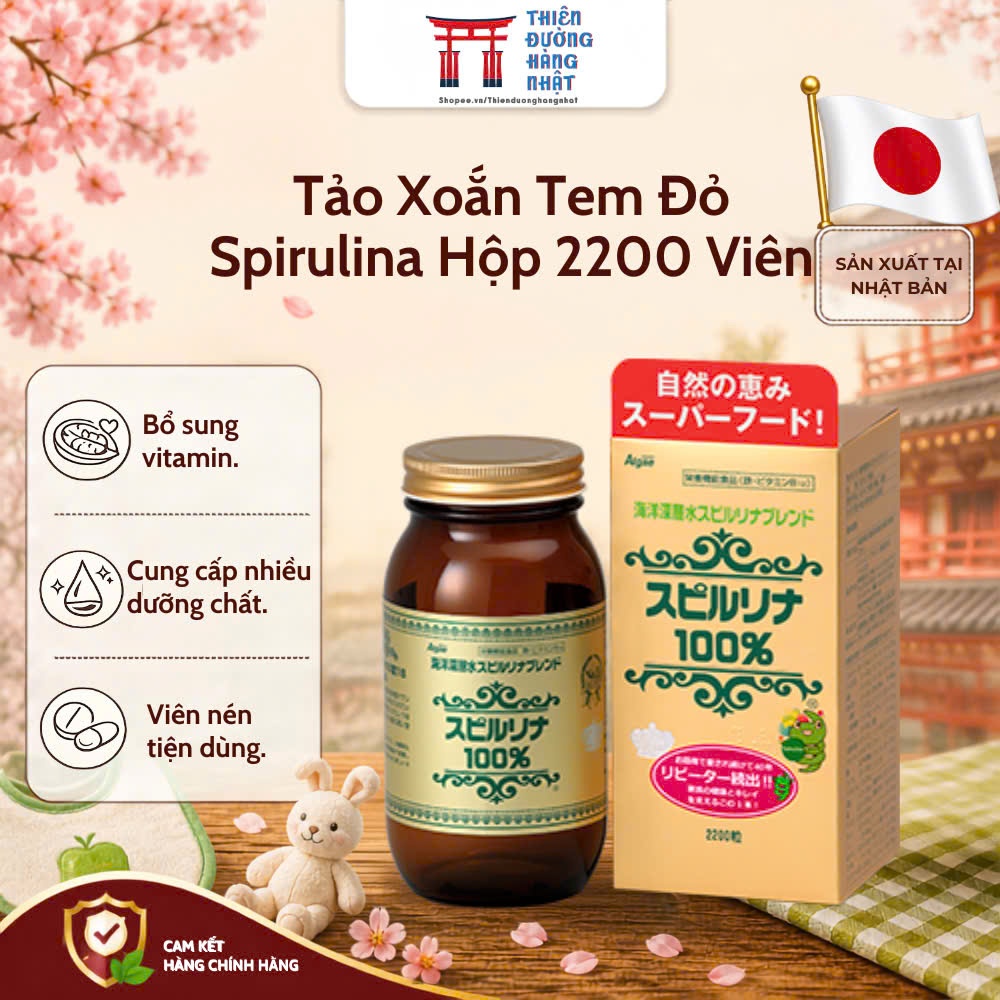 TPBVSK Tảo Xoắn Tem Đỏ Spirulina Nhật Bản Hộp 2200 Viên, Viên Tảo Xoắn Giúp Bổ Sung Vitamin