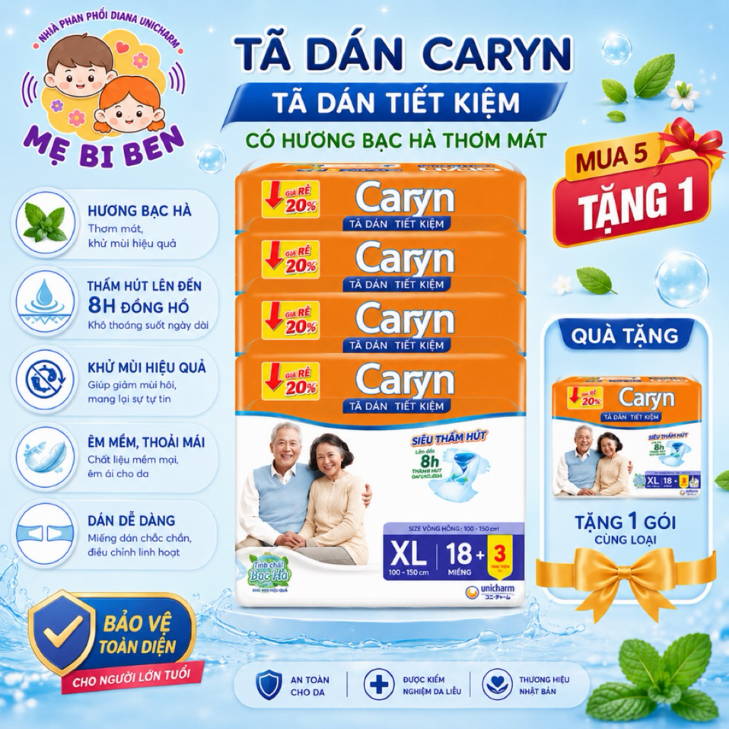 [MUA 5 TẶNG 1= 120 MIẾNG] TÃ BỈM DÁN CARYN TIẾT KIỆM XL18+2/ L18+2/ M18+2 cho người già và phụ nữ sau sinh, phẫu thuật