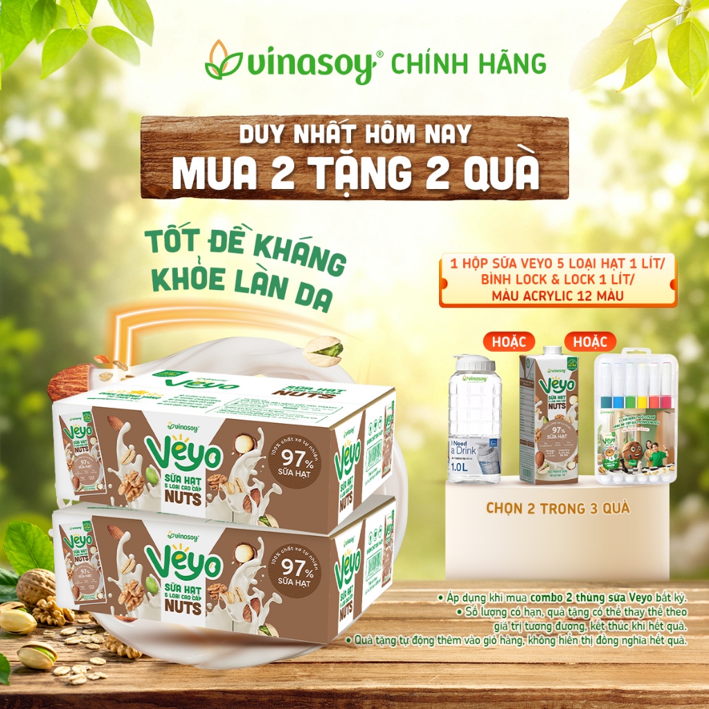Combo 02 thùng Sữa Hạt Dinh Dưỡng 5 Loại Hạt Veyo Nuts Cao Cấp Vị Bùi Béo Tự Nhiên – Thùng 30 Hộp x 180ml