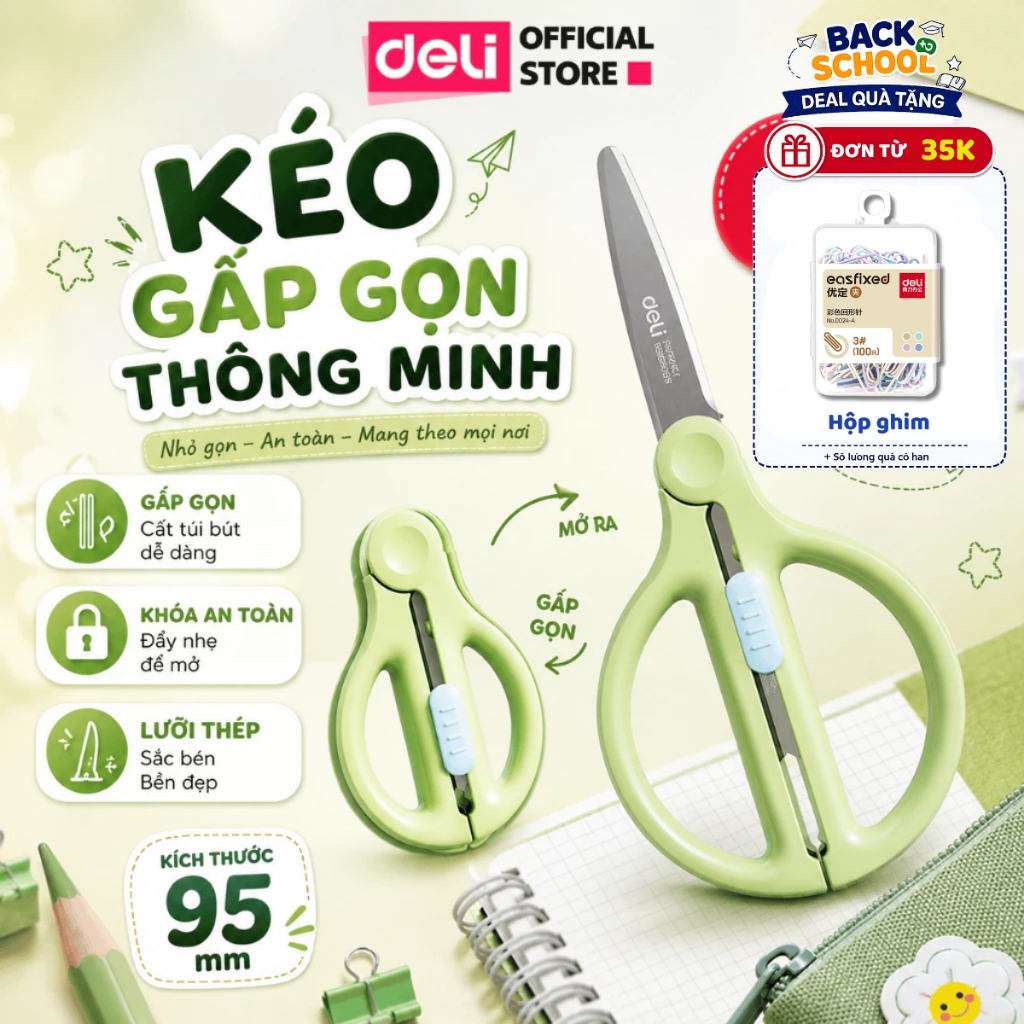 [🔥NEW] Kéo Gấp Gọn Deli Cao Cấp Thu Gọn Lưỡi Thông Minh An Toàn Chống Gỉ Chống Dính Khi Sử Dụng