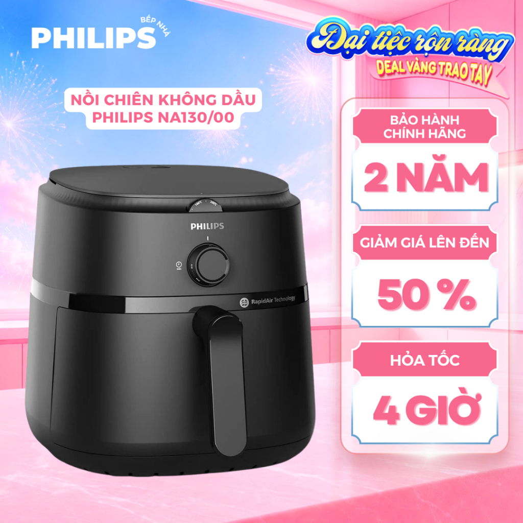 Nồi Chiên Không Dầu PHILIPS NA130/00 (6.2L - 1000W) Núm Vặn Điều Chỉnh, Dễ Sử Dụng - Hàng Chính Hãng
