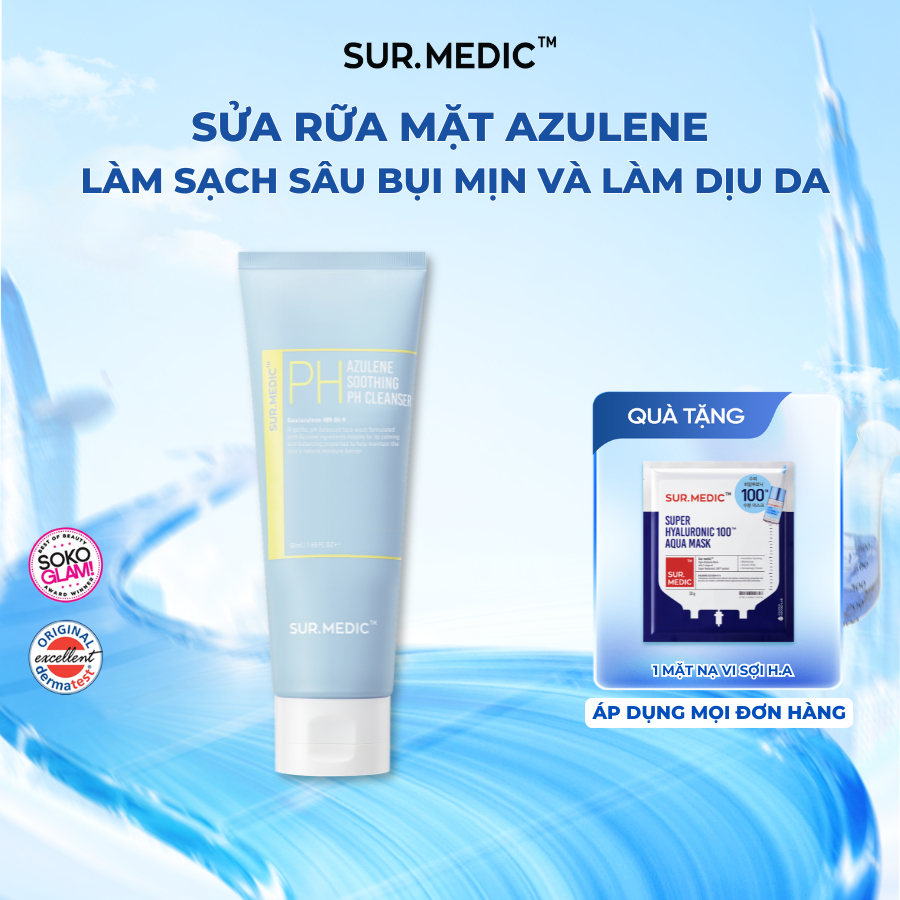 Sữa Rửa Mặt Làm Sạch Sâu Bụi Mịn & Làm Dịu Da SUR.MEDIC+ Azulene Soothing pH Cleanser 150ml