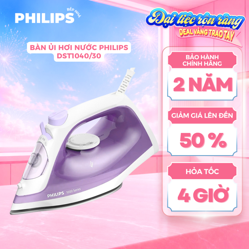 Bàn Ủi Hơi Nước PHILIPS DST1040/30 (2000W) Bàn Là Hơi Nước Chống Dính Chống Trầy, Trượt Xả Cặn