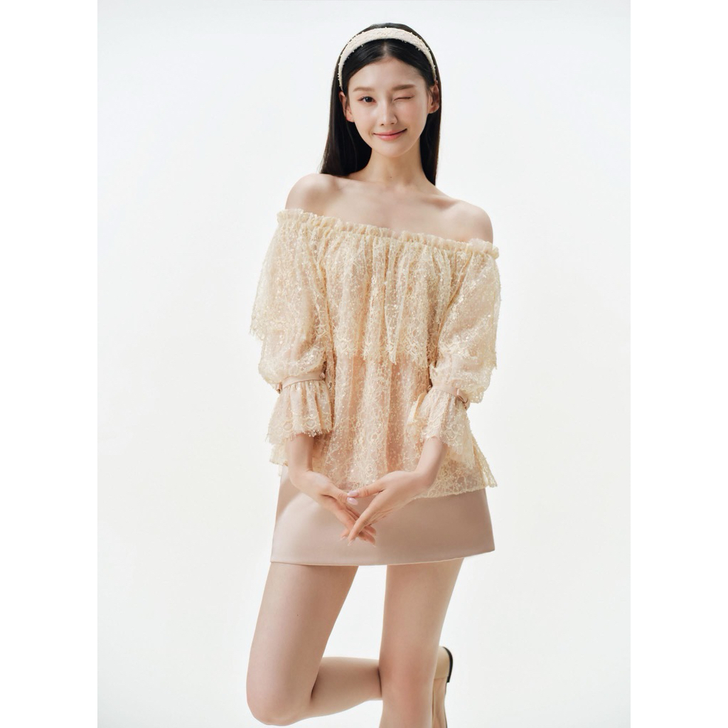 Bina Top | Áo Ren Trễ Vai Nữ Tay Dài Bồng Phối Voan Cao Cấp Phong Cách Tiểu Thư By Tamy For Girl