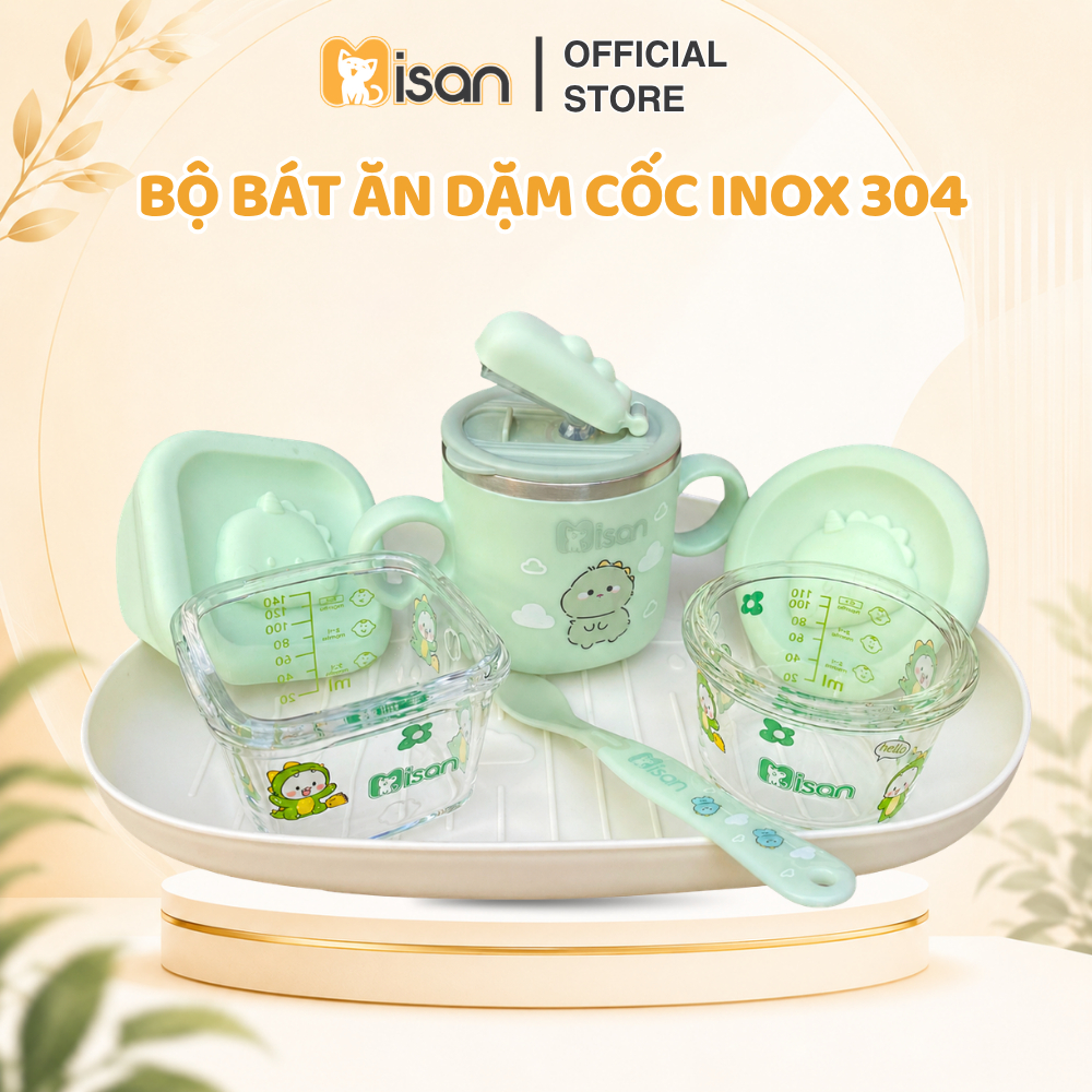 Bộ bát ăn dặm cho bé 5 món MISAN thìa báo nóng, khay mây, cốc tập hút Inox 250ml và 2 hộp trữ thủy tinh