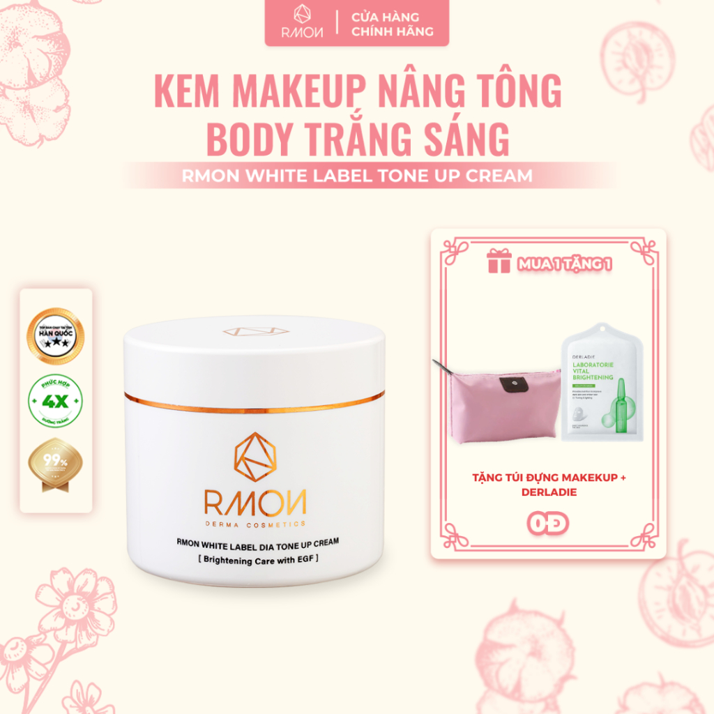 [25.08 – Tặng 1 Mask Derladie+Túi đựng makeup] Kem Giúp Ủ Trắng và Make-Up Da Body RMON White Label Dia Whitening Cream