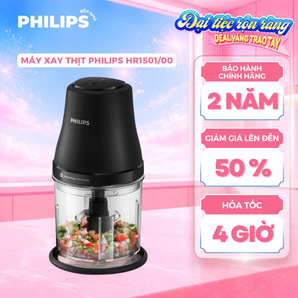 Máy Xay Thịt PHILIPS HR1501/00 (450W - 1L) Đa Chức Năng, 2 Tốc Độ Xay, Lưỡi Dao Thép Không Gỉ