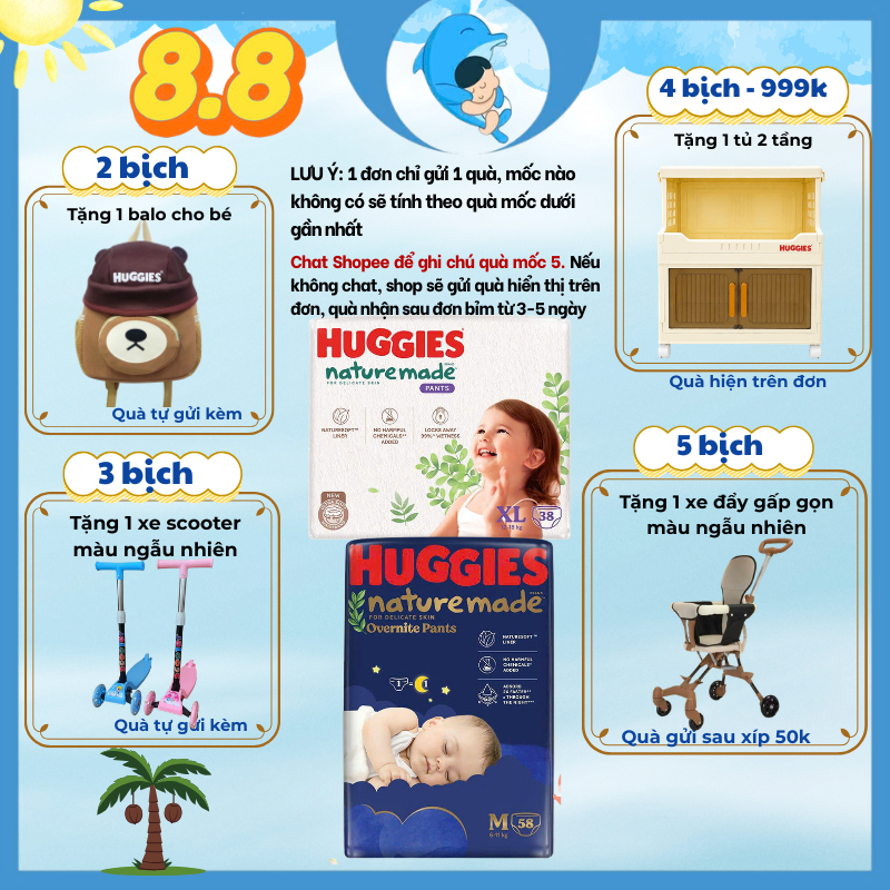 [SP có voucher Live X] Bỉm dán/quần Huggies Nature Made đủ size cho bé NB60/S82/M64/L54/XL44/M58/L44/XL38/2XL24 MECAHEO