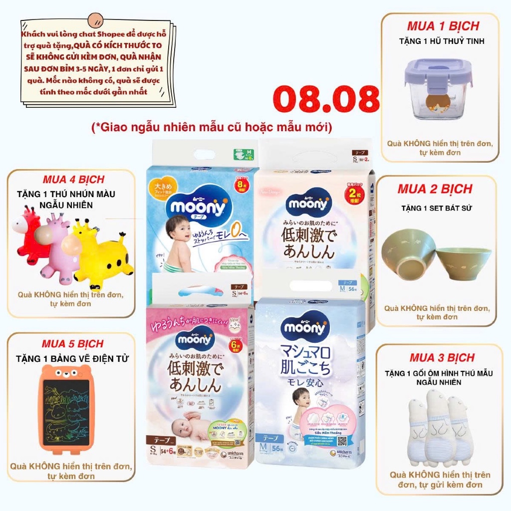 Tã Bỉm Moony Natural/Moony Blue size N60/S54/M46/M56/L48/L44/XL38/2XL26 tã dán và quần cho bé từ 0 đến 22kg SHOPBEBAO