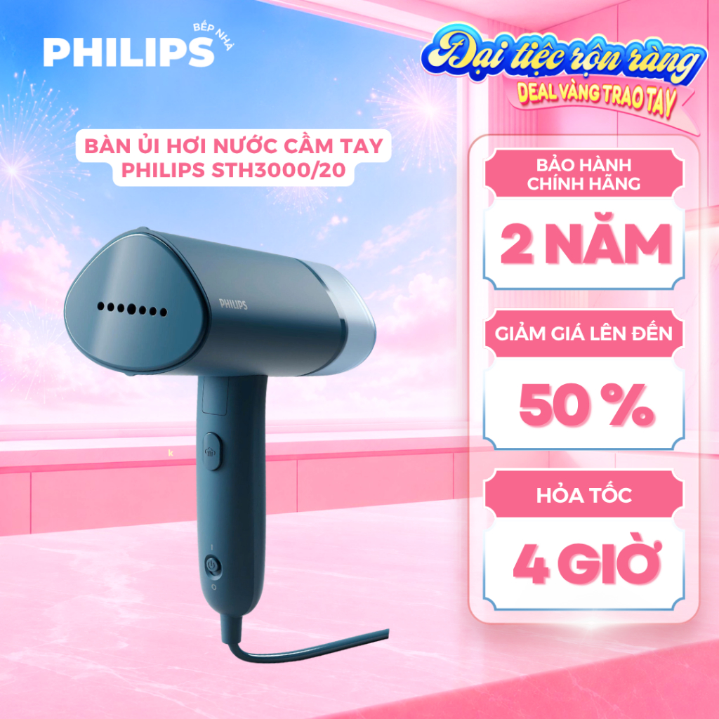 Bàn Ủi Hơi Nước Cầm Tay PHILIPS STH3000/20 (1000W) Mặt Đế Ủi Nhựa, Gấp Gọn, Ngăn Nước Tháo Rời