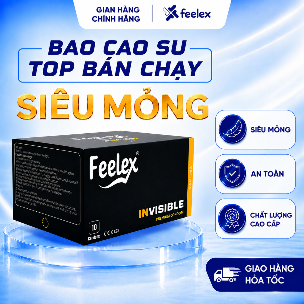 Bao cao su Feelex siêu mỏng, kéo dài thời gian, gân gai, nhiều gel bôi trơn – Hộp 10 bcs