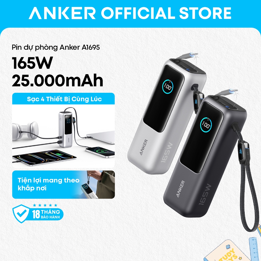 Sạc di động Anker Zolo 25.000mAh | Công suất 165W | Tích hợp 2 cáp USB-C có thể rút gọn | Có màn hình - A1695