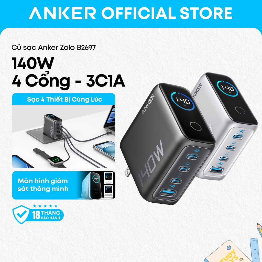 Bộ sạc nhanh Anker Zolo B2697 140W GaN, 4 cổng 3 USB-C và 1 USB-A, sạc cùng lúc 4 thiết bị | BigBuy360 - bigbuy360.vn