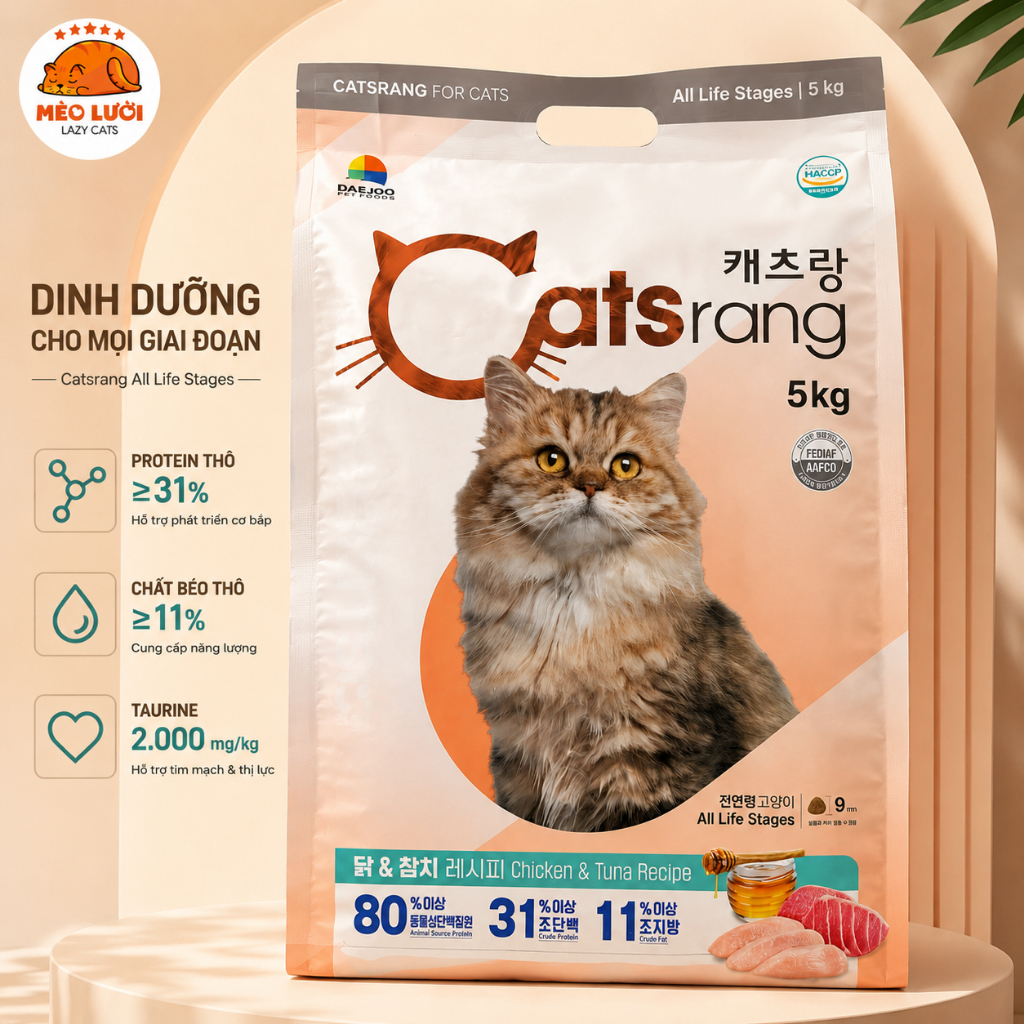 [5kg]Hạt Catsrang All Life Stages Cho Mèo Trên 3 Tháng Vị Gà Cá Ngừ, 31% Protein, Bao Nguyên Seal