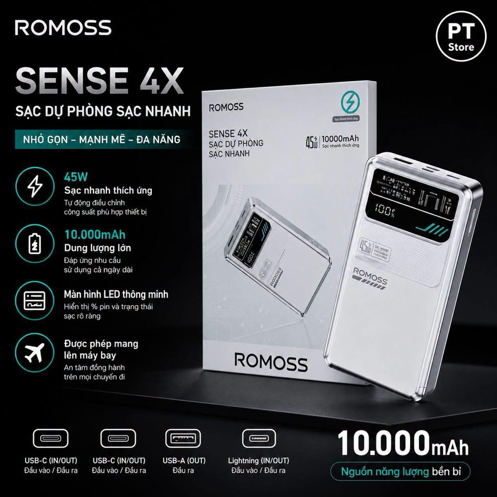 Sạc dự phòng ROMOSS Sense 4X dung lượng 10000mah sạc nhanh 45w, Thiết kế cực đẹp | BigBuy360 - bigbuy360.vn